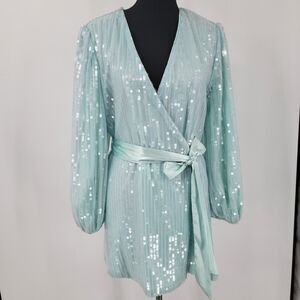 Skylar Rose Womens S Seafoam Sequin Wrap Mini Dress Long Sleeve Party NWT